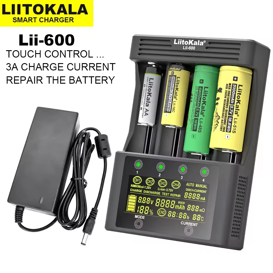 Novo carregador de bateria liitokala Lii-600 para bateria li-ion 3.7v nimh 1.2v adequado 18650 26650 21700 26700 16340 14500 aa aaa