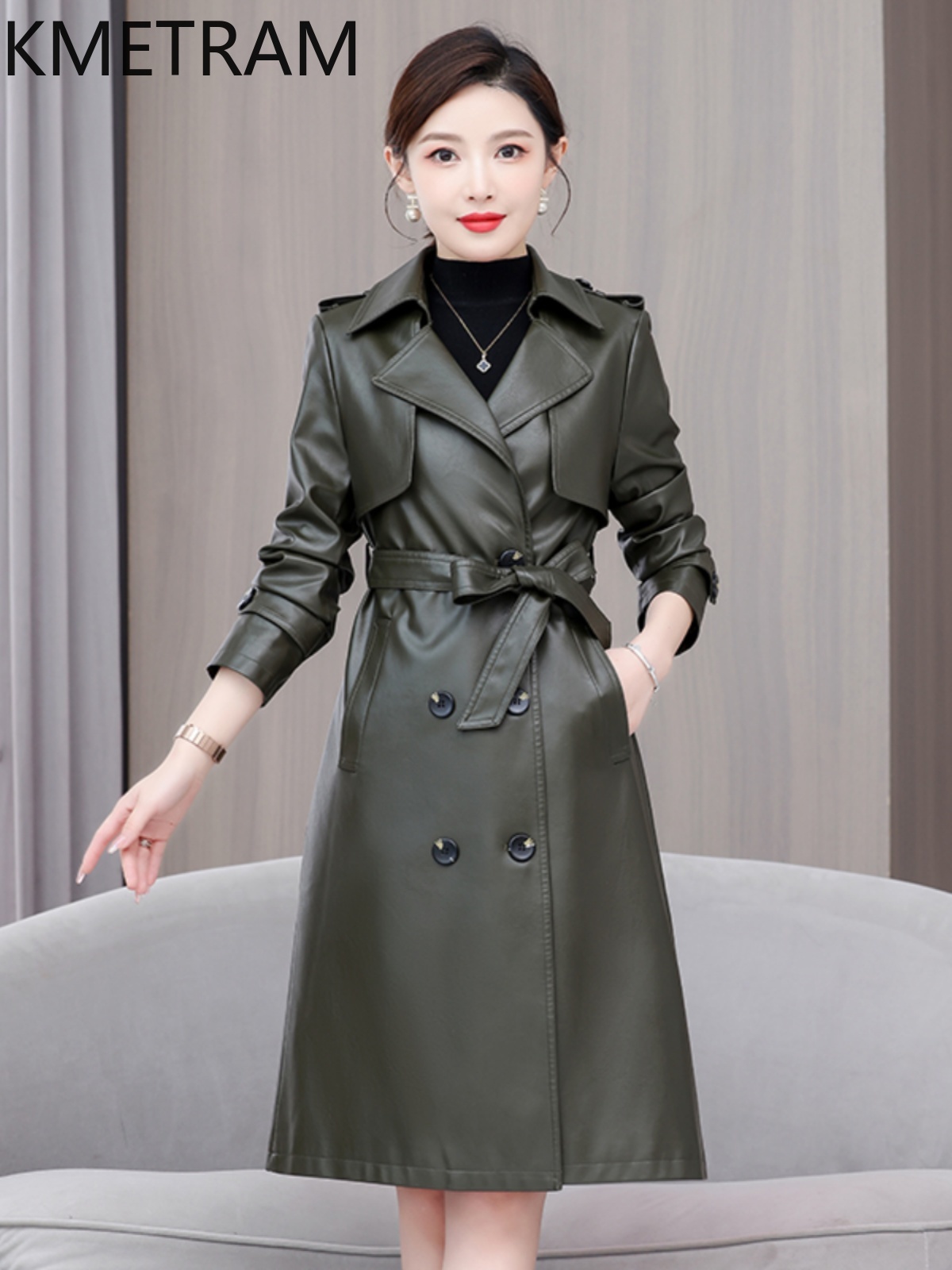 KMETRAM-casaco de couro de carneiro real para mulheres, jaquetas meio longas, roupas femininas, moda, primavera, outono, 2024