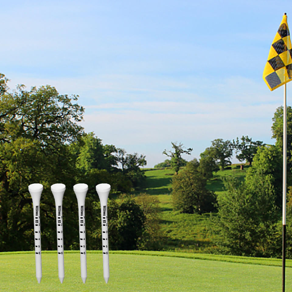 50 Stück Bambus-Golf-Tees, 83 mm, weiß und schwarz, verstellbare Tiefe, seitliche Spin-Reduktion, Reibungsgrad-Skala-Tees