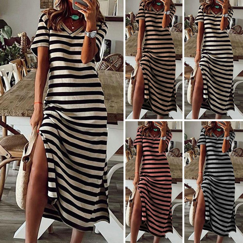 Sommer Kleider 2023 Frau Plus Größe Kleider Für Frauen Casual Streifen Druck V-ausschnitt Kurzarm Lose Lange Kleid Robe Femme
