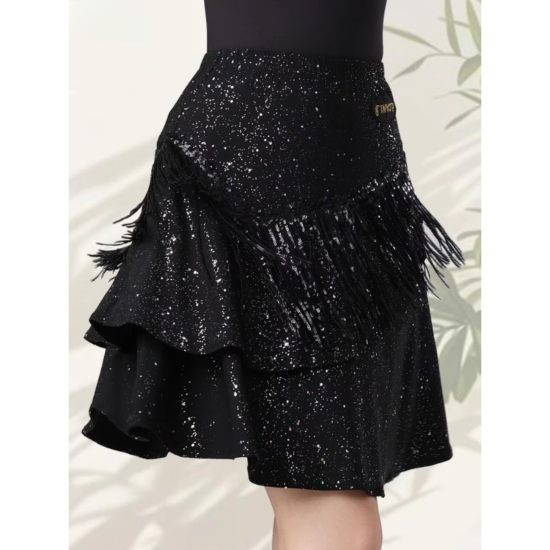 Женская юбка до половины тела для латинских танцев, женское тренировочное платье, новая летняя одежда с кисточками и блестками, современная черная одежда для женского общества, квадратная танцевальная одежда