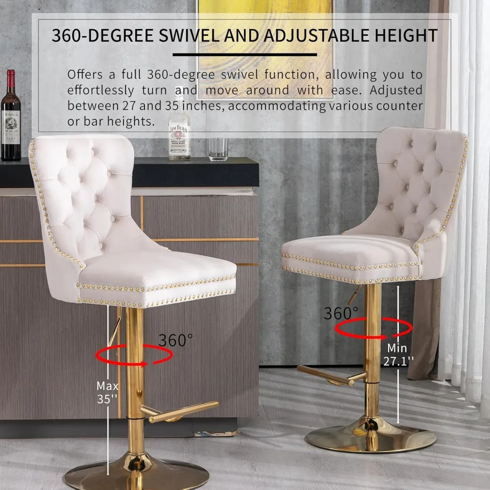 Beige Velvet Swivel Bar Stools Set of 4 with Upholstered Back, Adjustable Counter Height Barstools, Bar Chairs for Home Bar Kitc
