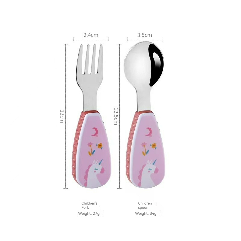 Conjunto de talheres em aço inoxidável para criança, utensílios de dinossauro fofos colher e garfo, desenhos animados inovadores, utensílio de alça curta, 2 peças