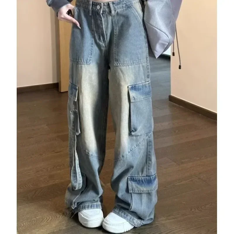 Weibliche Jeans, gespleißte Taschen, Cargohose, gewaschener Denim, hohe Taille, volle Länge, lockere, solide Basics, Patchwork, Distressed