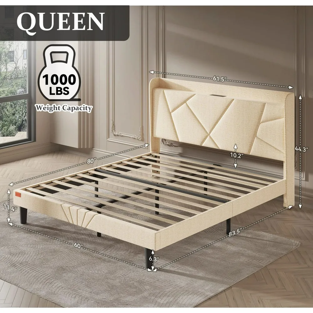 Queen Bed Frame with Charging Station, Upholstered Platform Bed with Wingback Storage Headboard, Beige