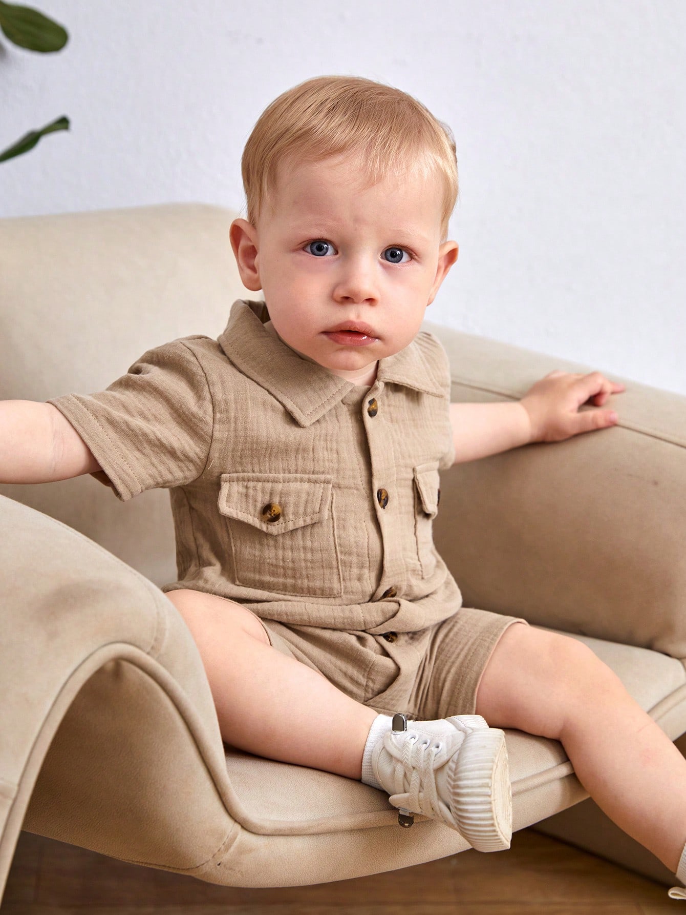 Estate neonato moda all'aperto casual confortevole monopetto colletto della camicia tasca kaki tuta a maniche corte azienda