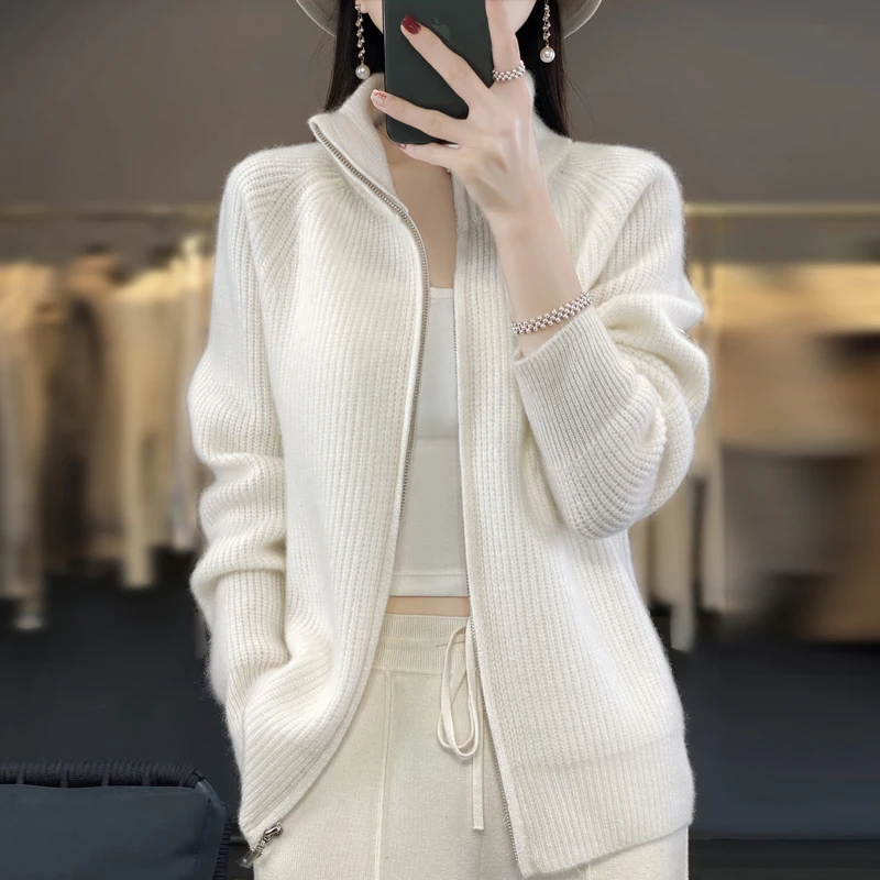 ขนสัตว์บริสุทธิ์ 100% ซิปเสื้อสเวตเตอร์ถักเบาะไหล่ผู้หญิงแคชเมียร์ถักเสื้อใหม่เสื้อกันหนาว