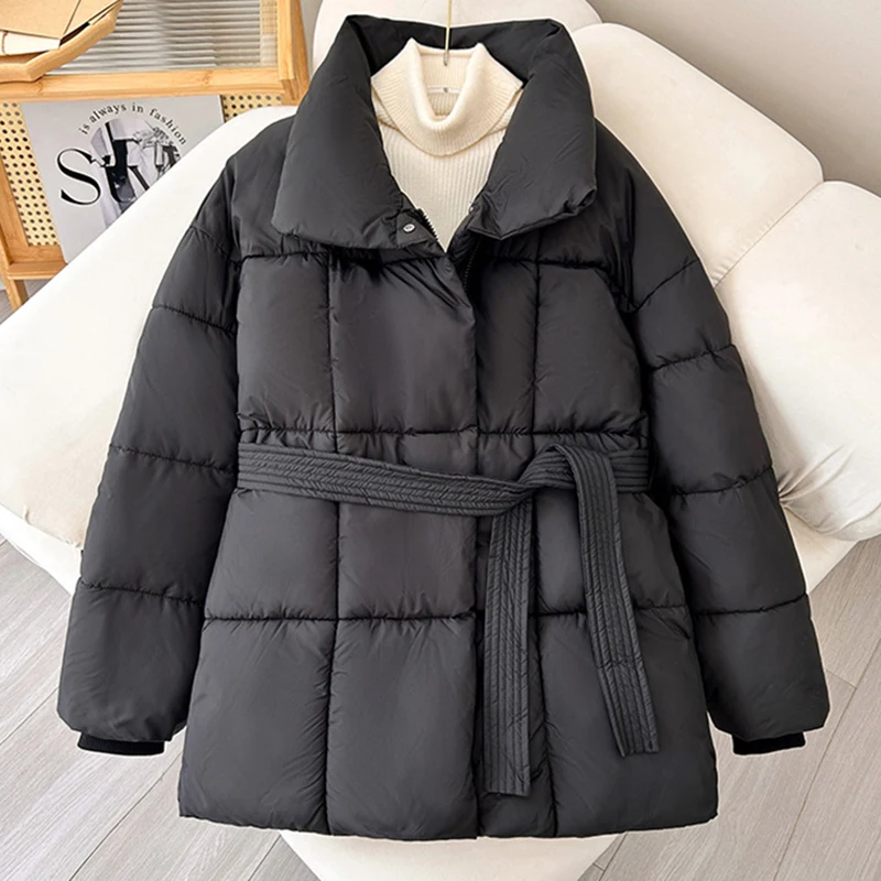 2024 com cinto jaqueta feminina jaqueta de inverno mulher parkas sólido engrossar quente feminino neve usar casaco algodão acolchoado outwear roupas