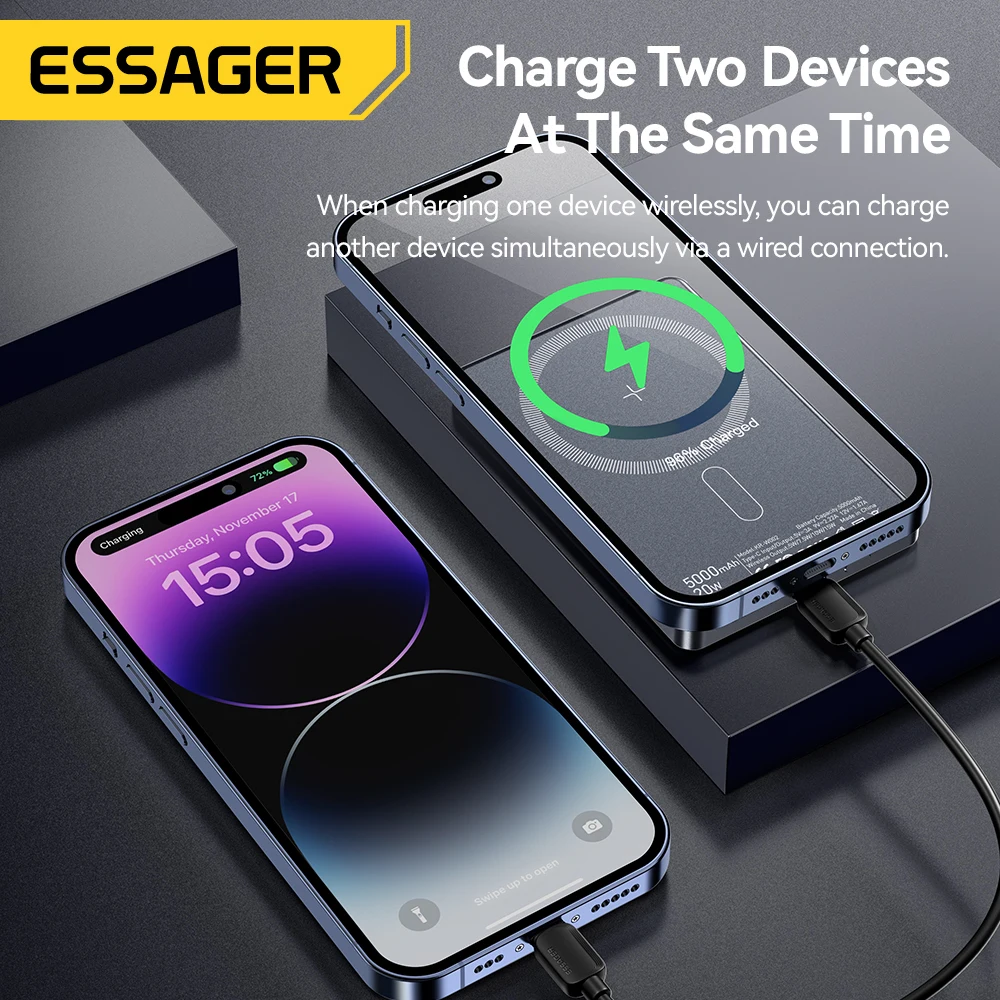 Тонкий беспроводной внешний аккумулятор Essager Power Bank, магнитный, 20 Вт, 5000 мАч, портативный внешний аккумулятор с быстрой зарядкой для Magsafe для iPhone 17 16 15 14