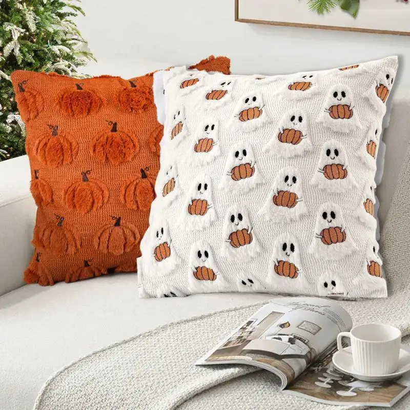 Ghost Pumpkin Plush Faux Fur Pillow Covers Soft Halloween Decor For Sofa Couch Bed Living Room White Orange Pillowcases 45x45CM
