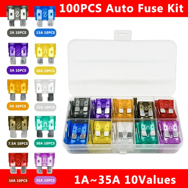 2a-35a Medium Auto Zekering 10 Soorten 100 stks Auto Zekering Plug Assortiment Ontsteking Koplamp Airconditioner Veiligheidsbuis Stekkers