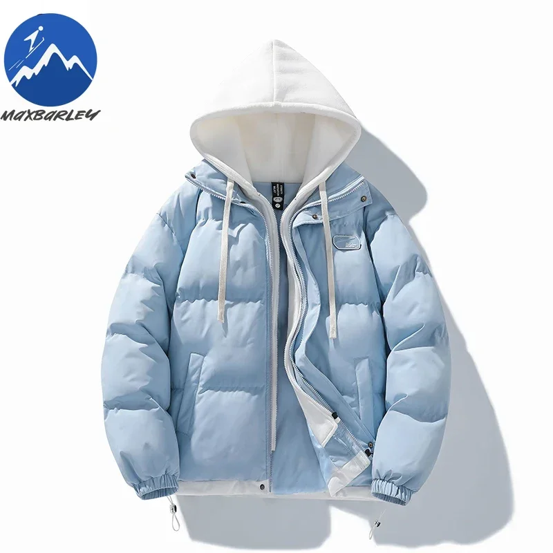 Nova jaqueta de inverno dos homens coreano na moda engrossado falso 2 peças com capuz pão estofamento casaco das mulheres japonês quente algodão acolchoado jaqueta