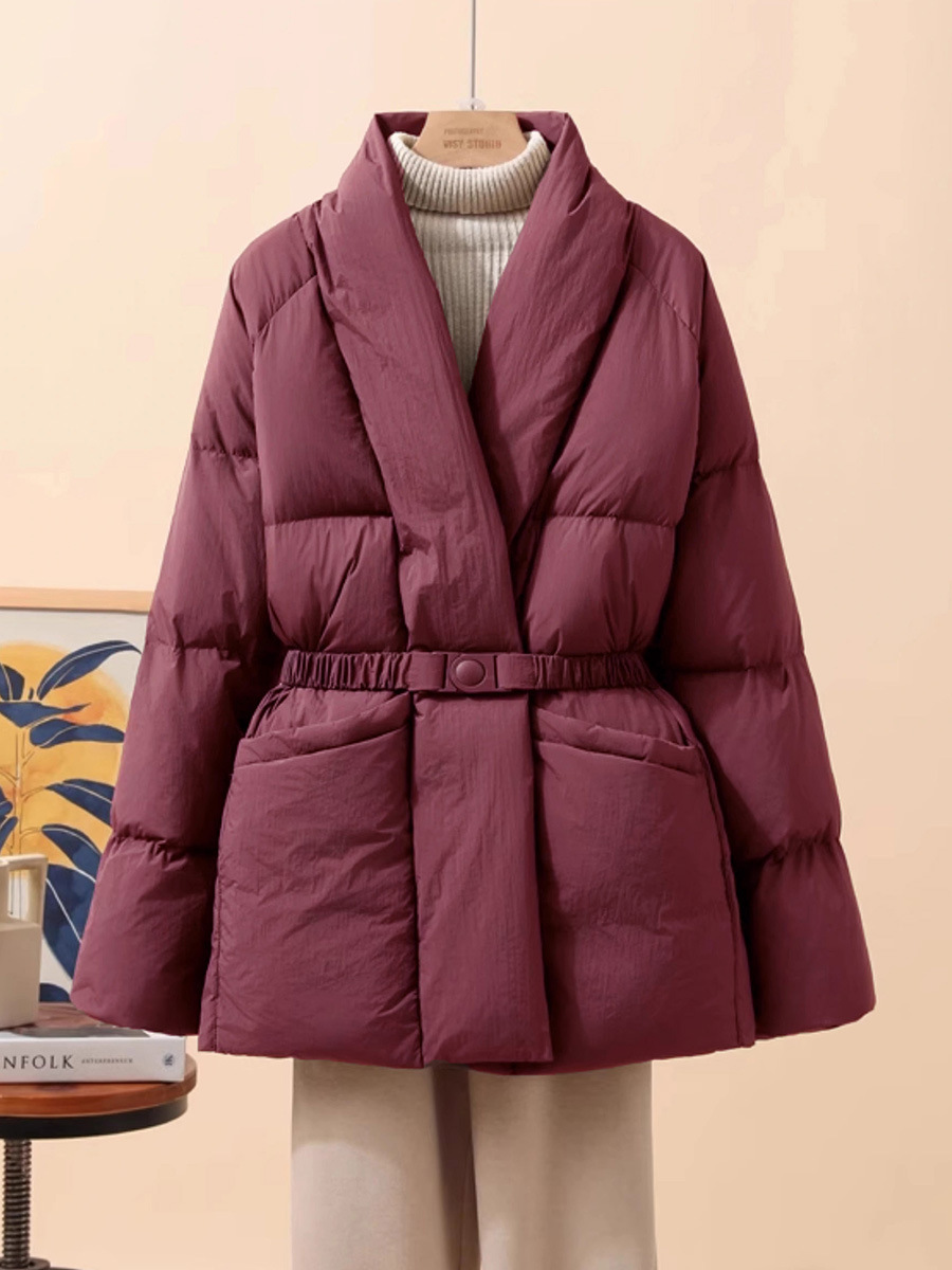 Schinteon Vrouwen Witte Eend Donsjack Casual Losse Riem V-hals Kraag Mode Herfst Winter Uitloper Koreaanse Stijl Jas 2025 Nieuwe