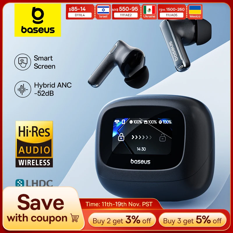 Baseus Bowie M2s auriculares Ultra inalámbricos pantalla inteligente 52dB cancelación de ruido auriculares Bluetooth 5,4 auriculares espaciales de Audio 3D