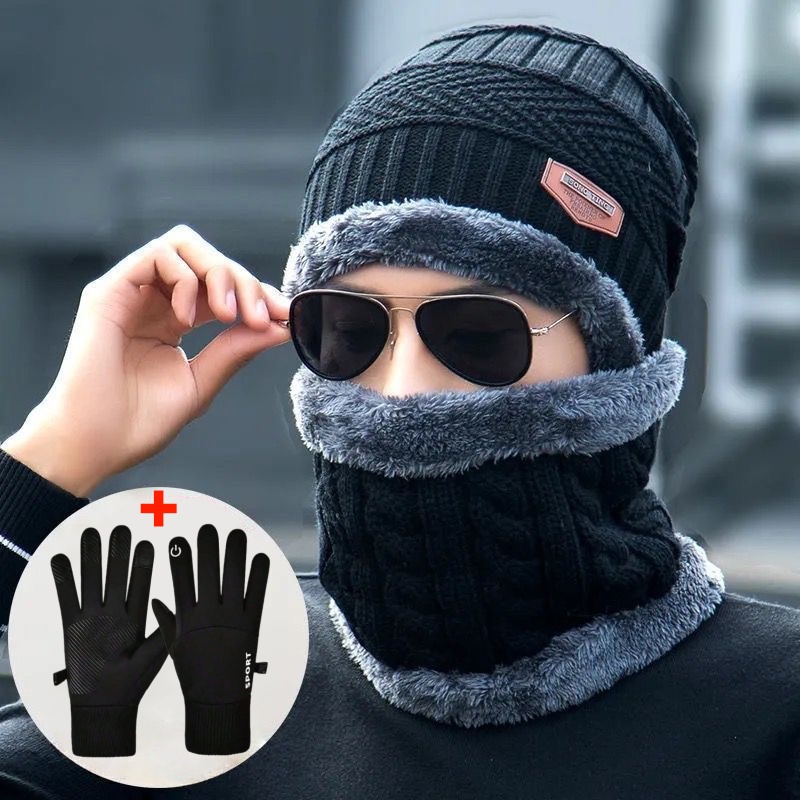 Men's Winter Knitted Beanie Hat, Neck-Warming Scarf, and Touchscreen Glove Set with Wool-Lined Skull Cap