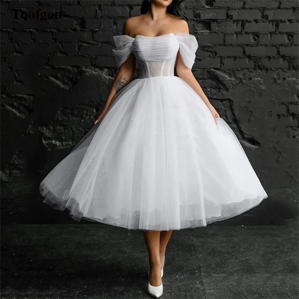 Toofan Glänzender Tüll, kurze Brautkleider für die Braut, Spitze, Korsett-Rücken, Brautkleider, formelle Anlässe, Party, Abschlussballkleid, individuell gestaltet