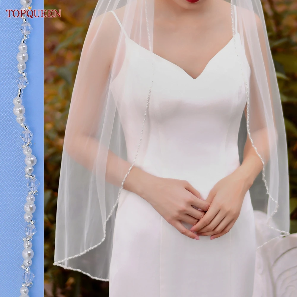TOPQUEEN V107 kerudung pernikahan, kerudung pengantin bermanik kristal pernikahan Bling pendek