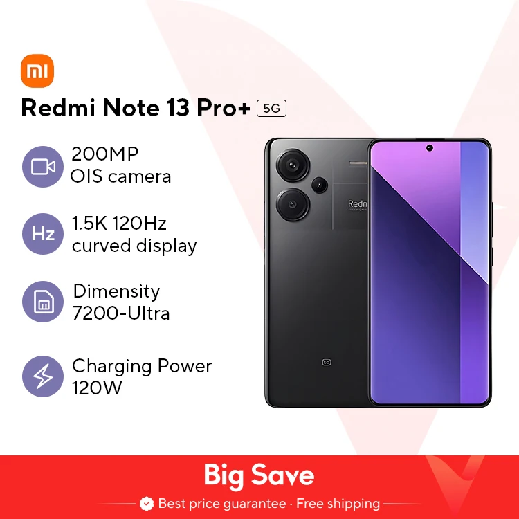 Xiaomi Redmi Note 13 Pro Plus 5G Versione globale 256 GB/512 GB MediaTek Dimensity 7200-Ultra 6,67'' Display 3D curvo 1,5 K 120 Hz, 1