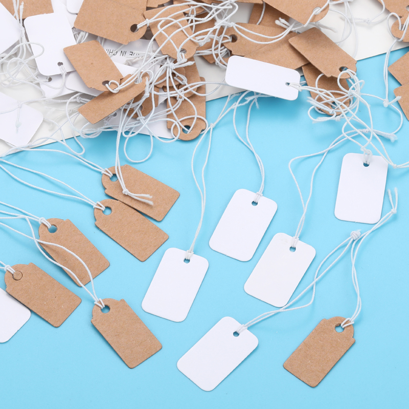 100 stks sieraden klein label diy blanco kleine tag multi size kraftpapier witte elastische lijn prijskaartje X13