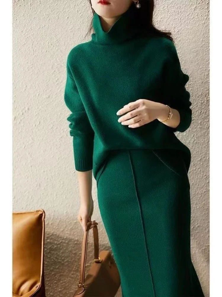 Conjuntos de duas peças das mulheres outifits 2023 outono alta pescoço conjuntos de malha solta camisola saia define vestido coreano moda roupas femininas