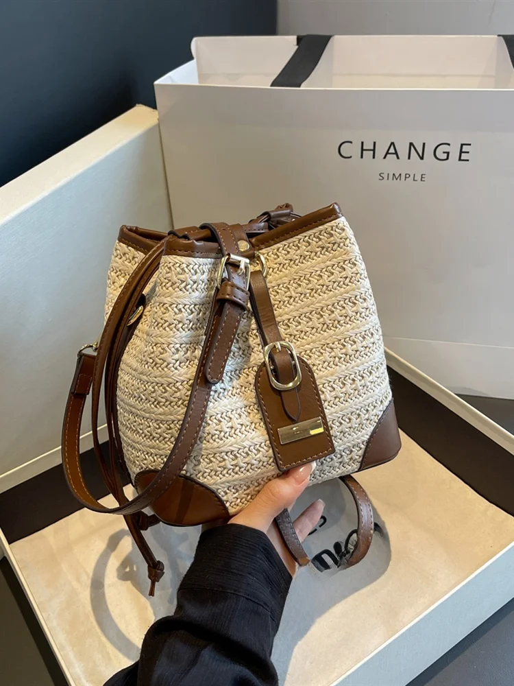 ファッショナブルなカラーブロック織バケットバッグ女性のクロスボディショルダーバッグ KSHH ブランドカジュアルスタイルソフトポリエステル裏地