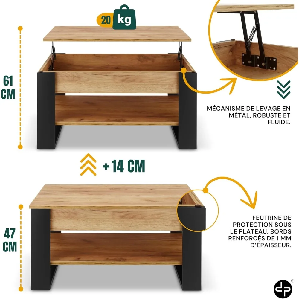 table basse relevable avec rangement - table de salon industrielle moderne - table basse avec étagère et compartiment caché - fabriquée
