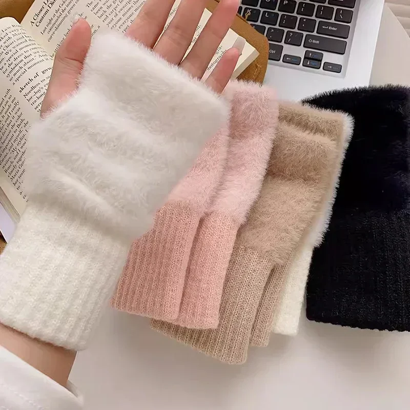 Mink Fleece Soft Half Finger Gloves | Winter Warm Knitted Gloves | Women Solid White Plush Fingerless Wrist Mittens Writting