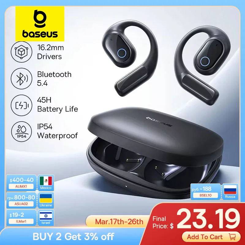 Baseus Eli 10i Fit Open-Ear Earphones Ear Hooks Wireless Bluetooth 5.4 Headphones IP54 Waterproof Air conduction Sports Earbuds