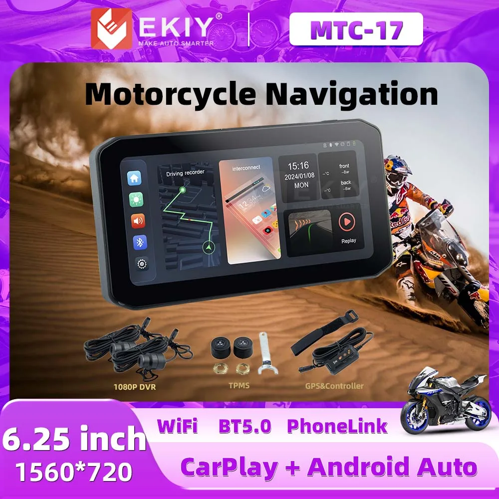 Eyki 6.25 "sem fio carplay moto android auto portátil digital painel da motocicleta tela de exibição navegação gps monitor tpms