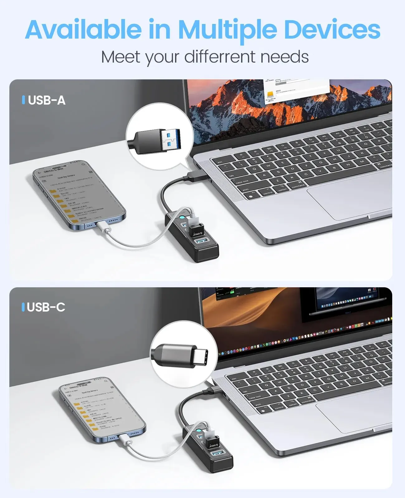 ORICO-divisor Multi tipo C 4 puertos USB 3,0 HUB 5Gbps adaptador OTG de alta velocidad para PC accesorios de ordenador Macbook Pro
