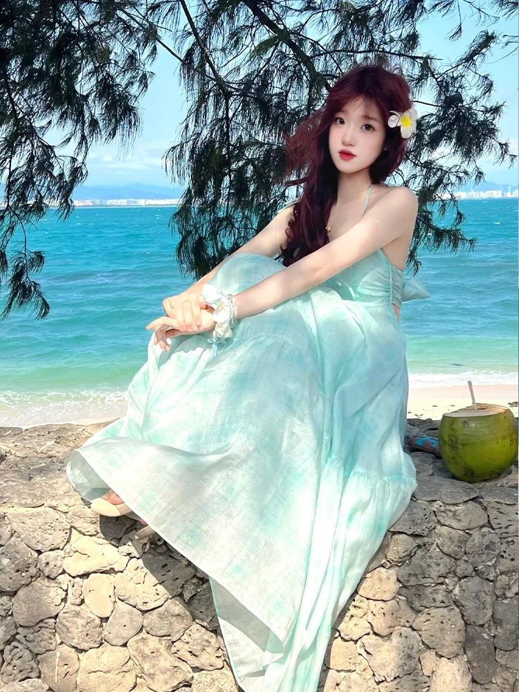 夏の妖精ロングドレスネックハンギングストラップレディースドレス写真撮影センセーション休暇ビーチ高級感Aラインスカート