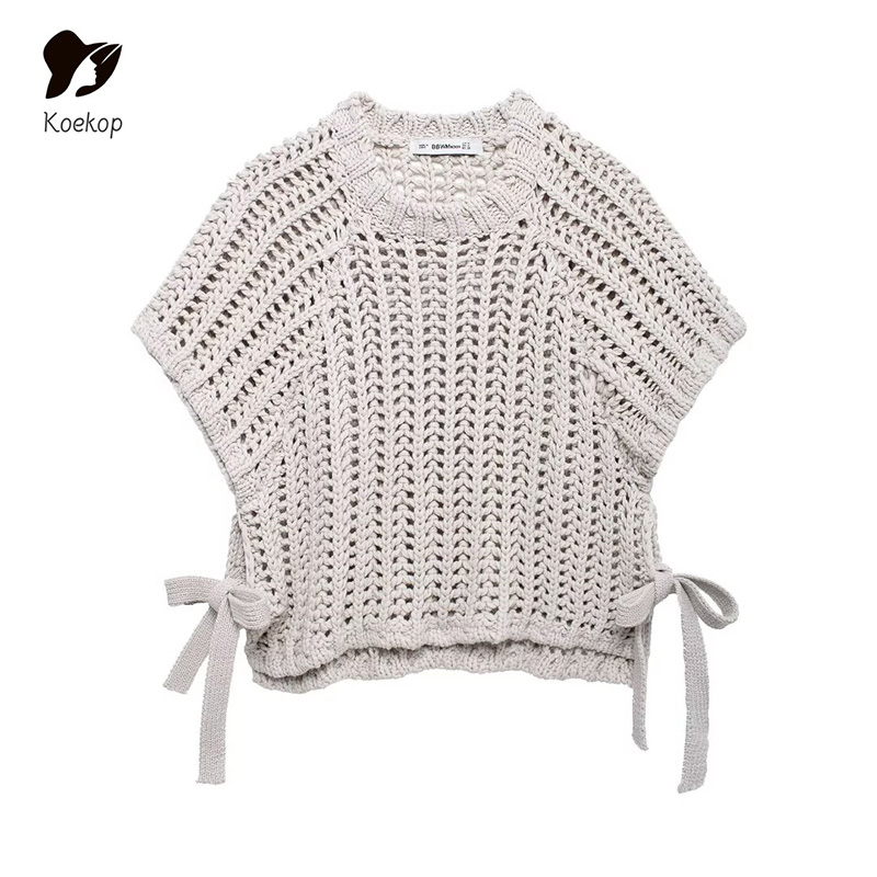 Koekop Damesmode Effen Kleur Skelet Gebreide Korte Top Vintage Casual Temperament Stropdas Decoratie Chique Dame Top