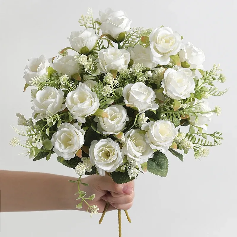 Ramo de seda rosa blanca de 30cm, flor Artificial de peonía, 5 cabezas grandes, 4 capullos pequeños, decoración del hogar para novias de boda, flor Artificial