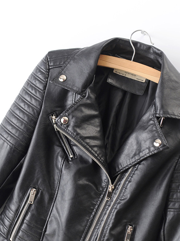 FTLZZ Phụ Nữ Mới Mịn Xe Máy Da Giả Áo Khoác Nữ Tay Dài Thu Đông Biker Dạo Phố Đen Phối Hồng