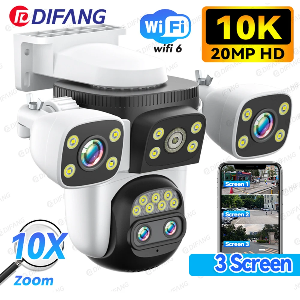 Cámara de protección de seguridad 10K WiFi6 para exteriores, tres pantallas, 20MP, CCTV, cámara IP externa, Zoom 10X, 8K, 15MP, cámara de videovigilancia