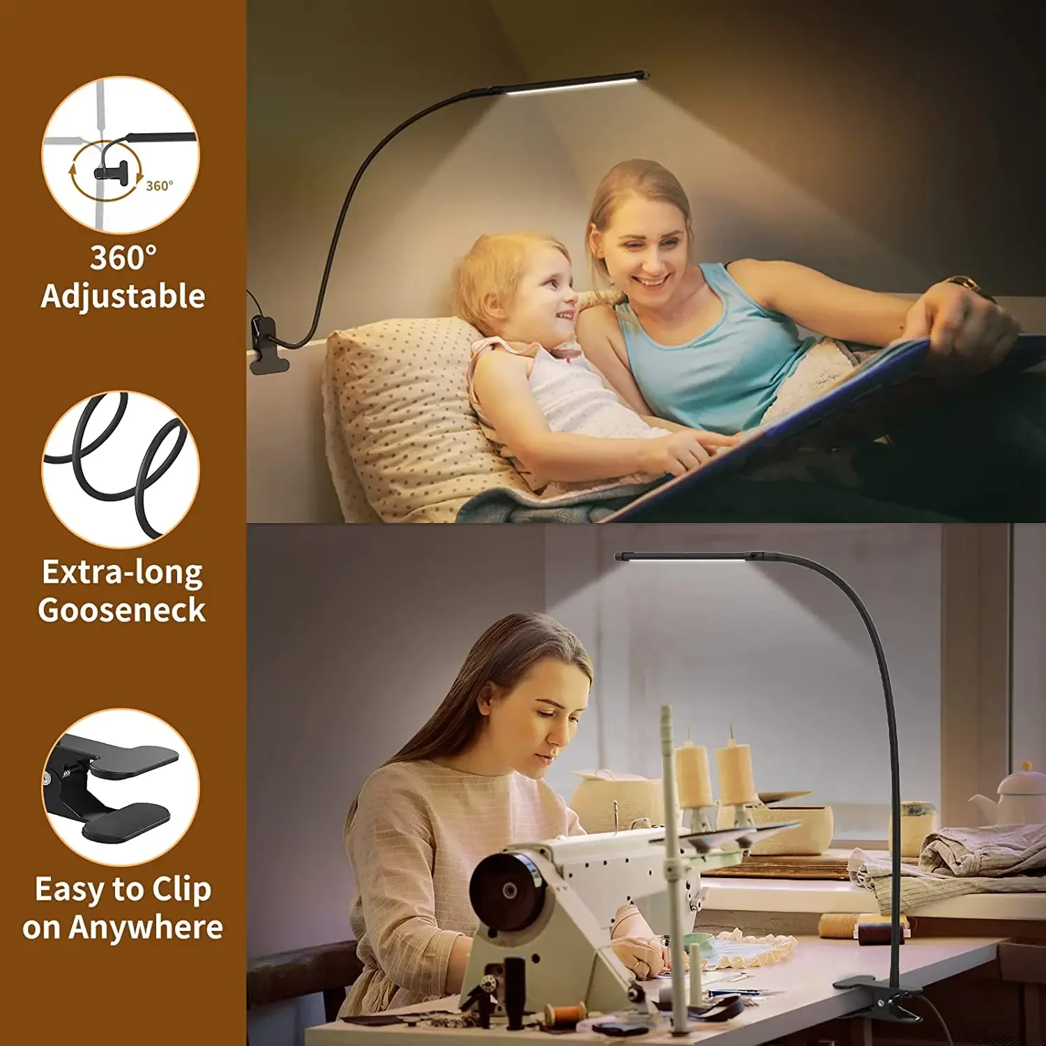 Lâmpada de mesa led de 10w com braçadeira regulável clipe na luz de leitura 10 nível de brilho 3 modos de iluminação flexível lâmpada de mesa de estudo usb