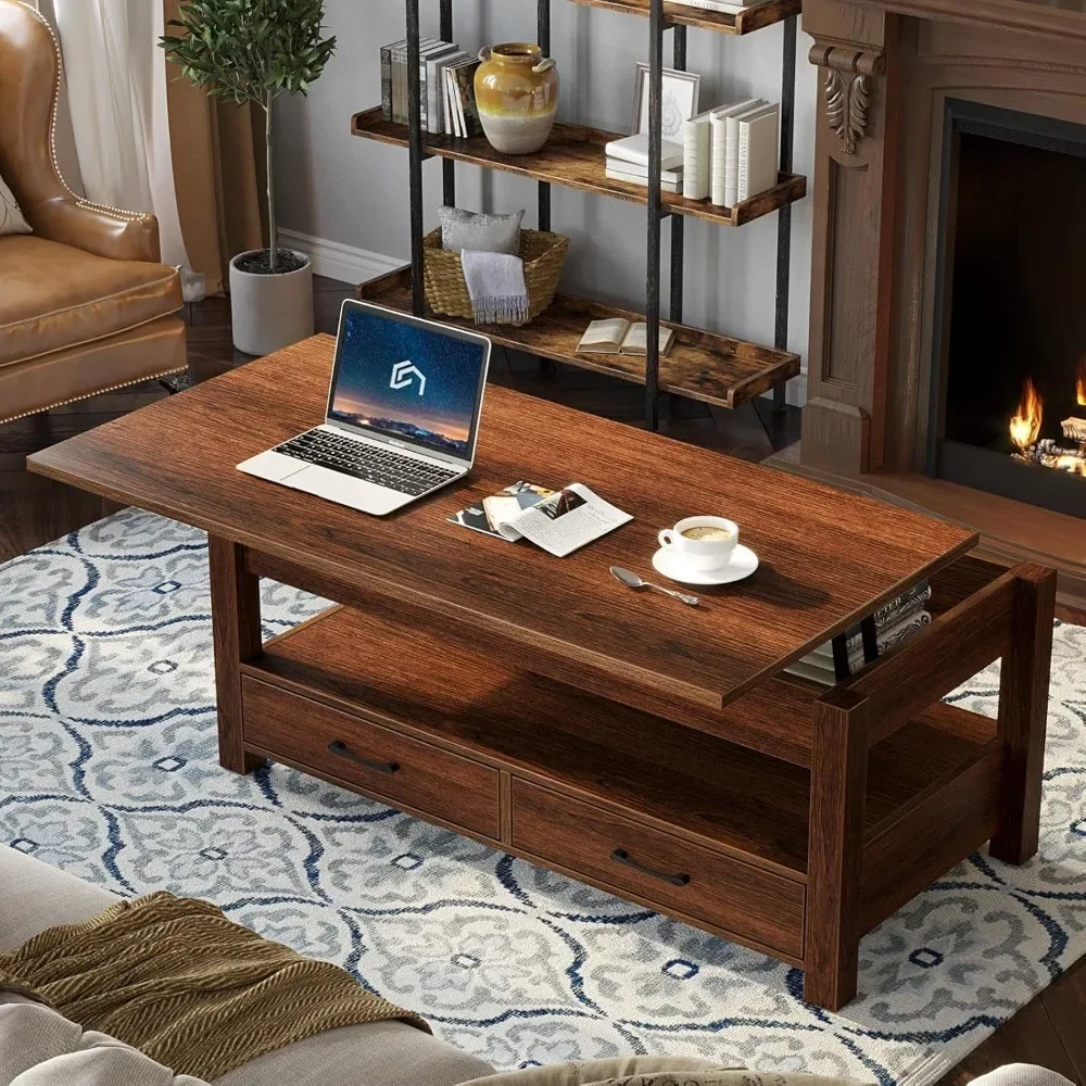 Mesa de centro elevable con cajones y compartimento oculto, mesa central retro con mesa elevadora de madera
