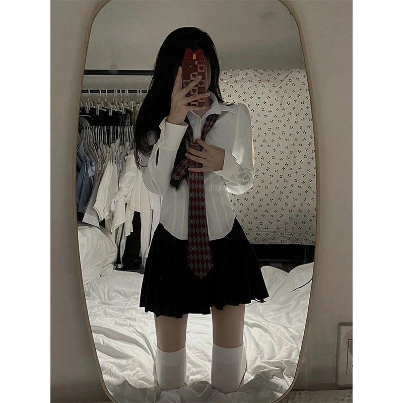 Y2K 白シャツ女性ストリートチュニック長袖クロップトップス学生 JK プレッピー韓国ファッションベーシックスリムすべて一致ブラウス新しい