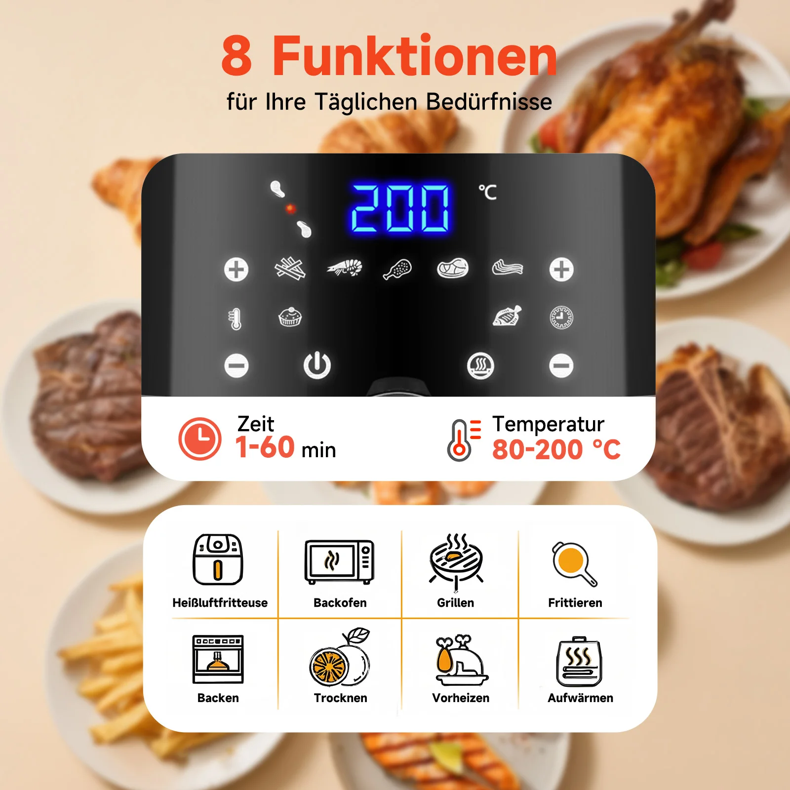 AIGOSTAR 7L 1900W Intelligente ölfreie Heißluftfritteuse WLAN-Verbindung. LED-Touchscreen, 7 voreingestellte Funktionen + warm halten und manueller Modus, BPA-frei
