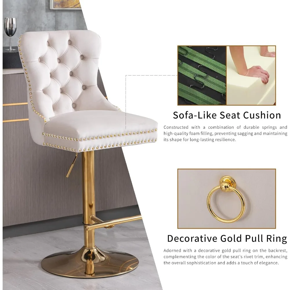 Beige Velvet Swivel Bar Stools Set of 4 with Upholstered Back, Adjustable Counter Height Barstools, Bar Chairs for Home Bar Kitc