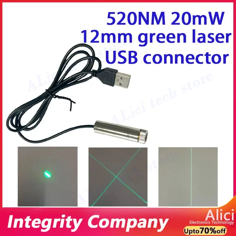USB connector Green laser module 520NM 20mW green light 12mm laser head 5V laser head straight line cross line dot shape