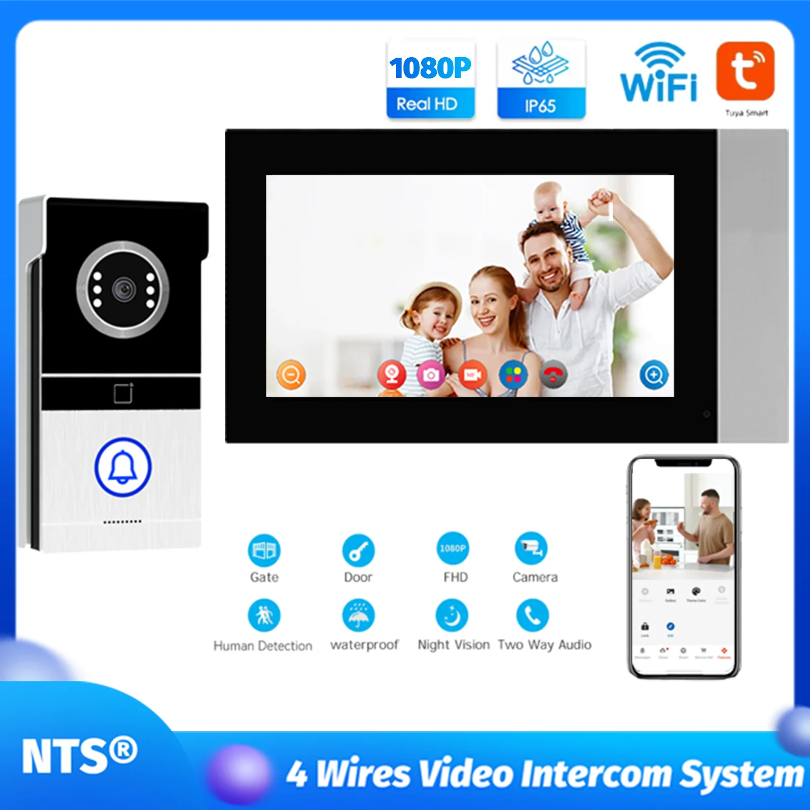 Tuya 7-inch 1080p video-intercomsysteem met nachtzichtcamera, ondersteuning voor ontgrendeling op afstand, Smart Home-app-integratie voor buiten