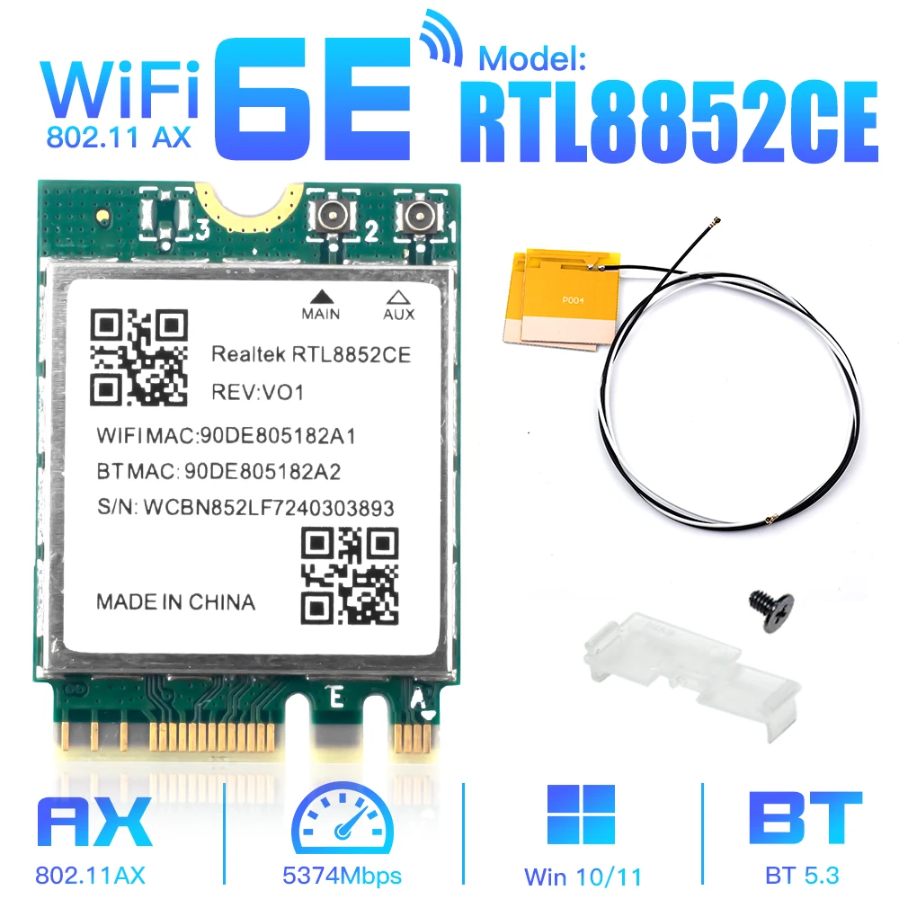 Сетевая карта Wi-Fi 6E RTL8852CE M.2 5400 Мбит/с 802.11AX Bluetooth 5.3, беспроводной адаптер, трехдиапазонный 2,4/5/6 ГГц для Windows 10/11