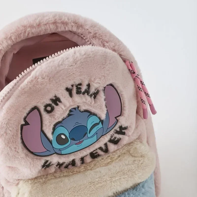 Disney's New Stitch Plush ของแท้หนังสีชมพูหูใหญ่ Alien Head Color Block กระเป๋าเป้สะพายหลัง