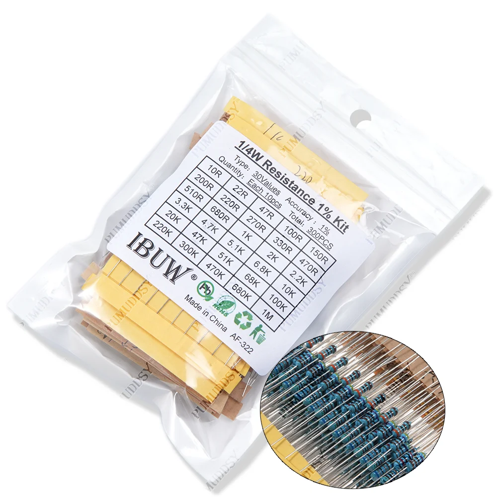 300 Pçs/set 30 Tipos 1/4W 1/2W 1W 2W 3W Resistência 1% Pacote de Resistor de Filme de Metal Kit Sortido 0.1R-750R 1K-820K Resistor 150 Pçs/set