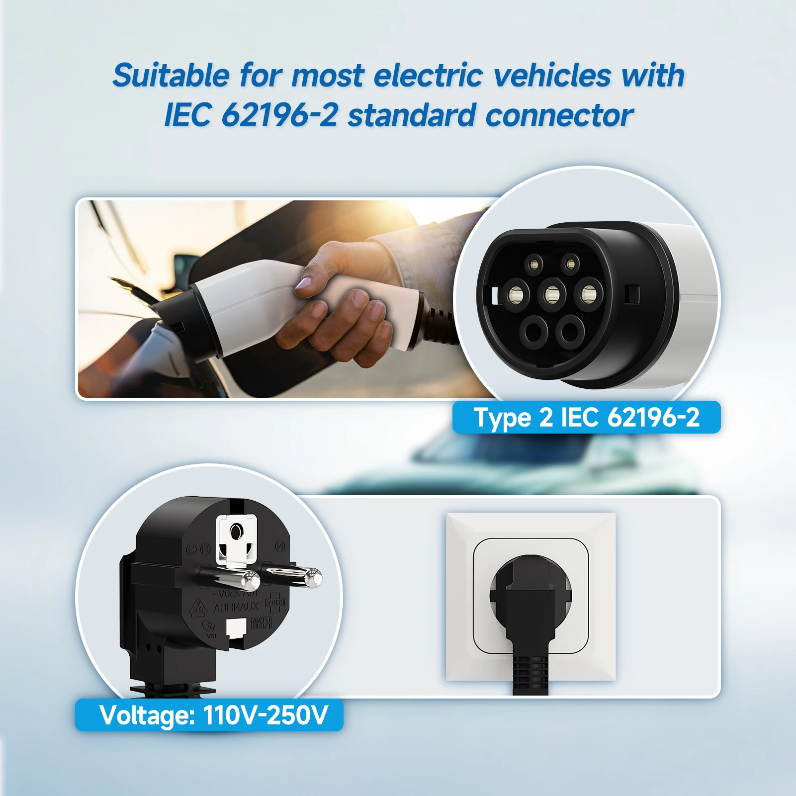 ポータブル電気自動車充電器タイプ 1 Sae J1772 16A 32A 充電ケーブルタイプ 2 IEC62196-2 11KW EU プラグコントローラウォールボックス