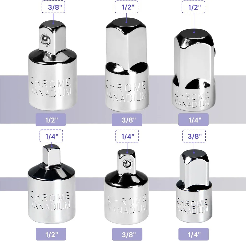 6 Pcs Socket Adapter & Reducer Set - 1/4" 3/8" 1/2" Chrome Vanadium Steel Ratchet/Socket Extension/Conversion Kit for Automotive