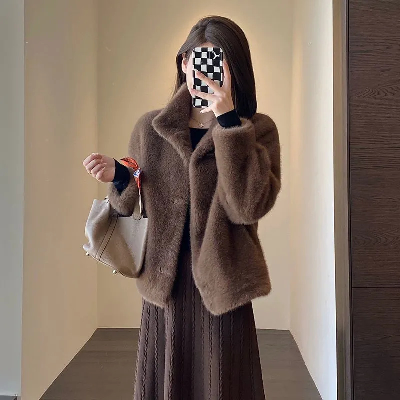Pele de vison de uma peça gola alta casaco de pele para mulheres jovens vison curto 2025 inverno mulher cor sólida eco-friendly casaco de pele solta