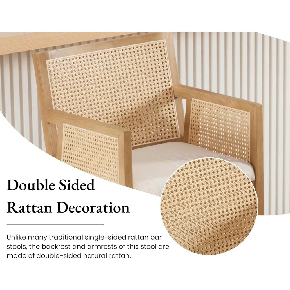Rattan Bar Stools Set of 2 Modern Farmhouse Counter Height Barstools with Back and Arms Mid Century Natural Wood Counter Stools