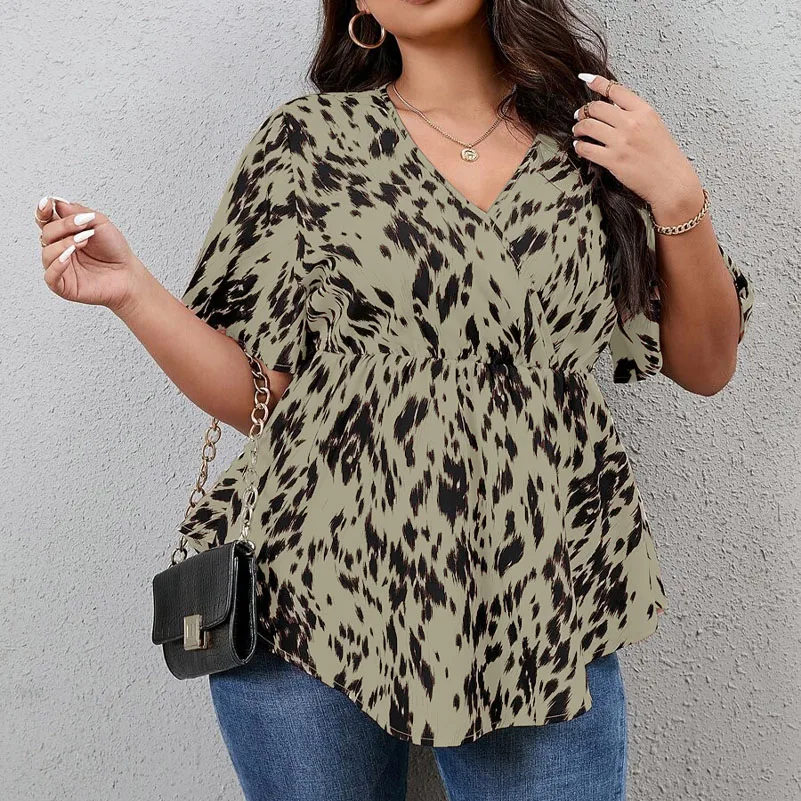 Grote maten damesoverhemden, volledig bedrukte shirts met V-hals en korte mouwen, zomer-casual tops met elastische taille